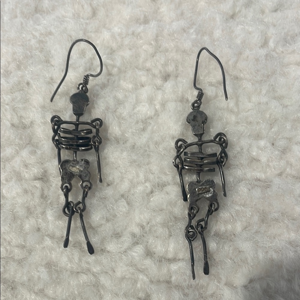 Silver Skeleton Dangle Earrings With Wire Hooks - image 2